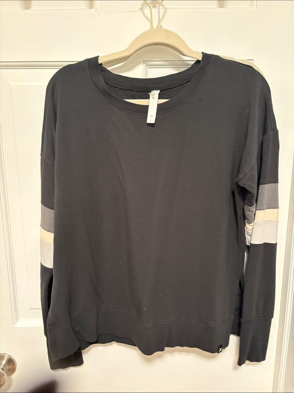 Glyder Black Crewneck Sweatshirt with Gray and Cream Sleeve Stripes